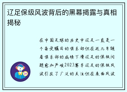 辽足保级风波背后的黑幕揭露与真相揭秘