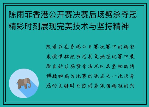 陈雨菲香港公开赛决赛后场劈杀夺冠精彩时刻展现完美技术与坚持精神 陈雨菲香港公开赛决赛后场劈杀夺冠精彩时刻展现完美技术与坚持精神