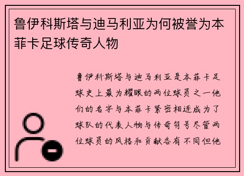 鲁伊科斯塔与迪马利亚为何被誉为本菲卡足球传奇人物 鲁伊科斯塔与迪马利亚为何被誉为本菲卡足球传奇人物
